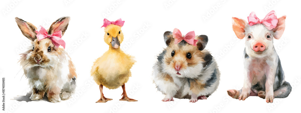 Fototapeta premium Watercolor cute baby animals valentine elements set, rabbit, duckling, hamster, and piglet with pink bow isolated on transparent background