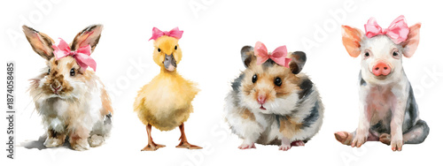 Watercolor cute baby animals valentine elements set, rabbit, duckling, hamster, and piglet with pink bows isolated on transparent background