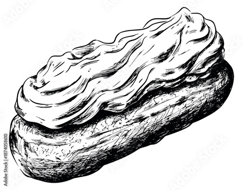 Hand drawn line art illustration of an eclair depicting a rich cream topping for sweet food concepts