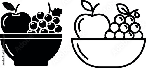 Fruit bowl icon set with apple and grape silhouette