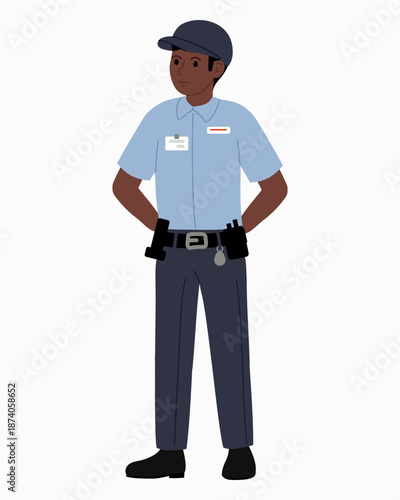 Black Guard wearing summer blue uniform Hands on hips. Strict man with walkie-talkie on his belt and badge on his shirt