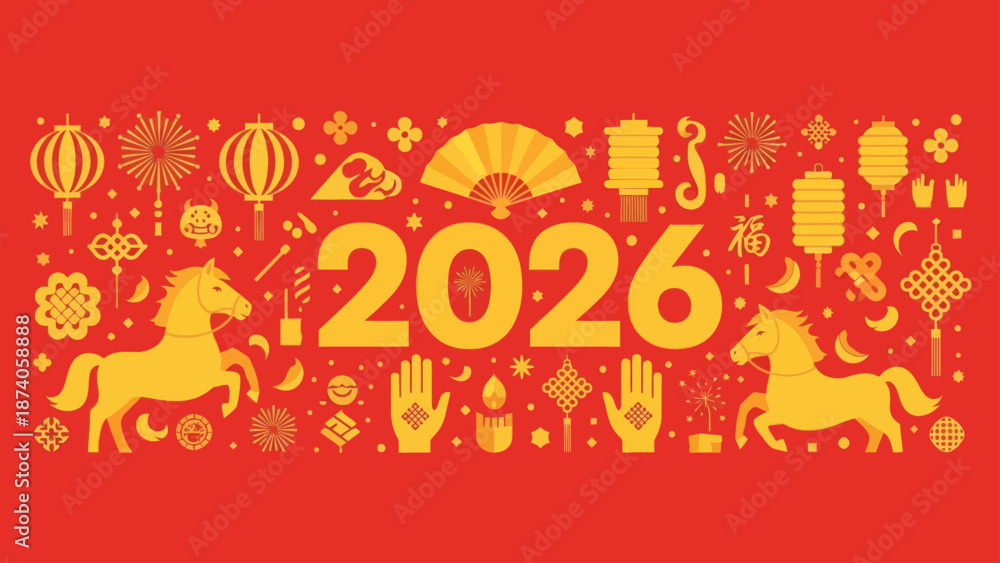 Naklejka premium Chinese New Year 2026 Horse Zodiac Celebration Banner