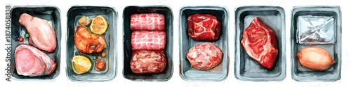 Watercolor raw meat packaging set, pork, beef, chicken, and ground mince in supermarket tray isolated on transparent background