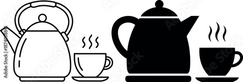 Teapot and Cup Line and Silhouette Icon Set
