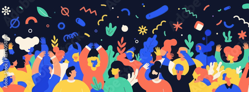 Diverse Crowd Celebrating with Colorful Abstract Shapes and Leaves