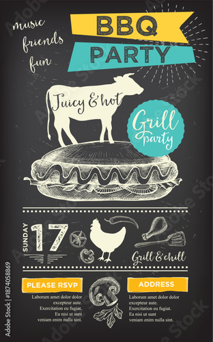 Barbecue party invitation. BBQ template menu design. Food flyer.