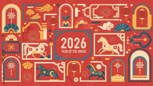 2026 Year of the Horse Celebration Pattern with Chinese Elements