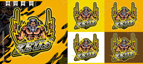 Powerful zeus mascot logo design for e-sports gaming emblem thunder god with lightning yellow modern concept style badges. Perfect for e-sports teams, gaming clans, branding, apparel, or merchandise.