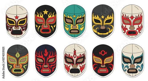 Colorful collection of various Mexican wrestler lucha libre mask stickers with unique patterns and designs arranged in two rows on white.
