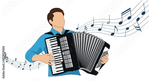 Talented musician playing a large black piano accordion with flowing musical notes and symbols in the background on a clean white space.