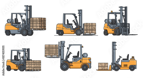 Various views and angles of orange industrial forklifts transporting wooden pallets with cardboard boxes for warehouse logistics operations.