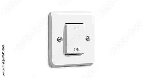 Modern white wall mounted electric light switch in the on position with visible screws and subtle shadows isolated on a white background.