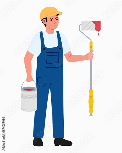 Painter. Man in overalls yellow baseball cap stands with paint roller on long handle and can of paint. House painter's job.