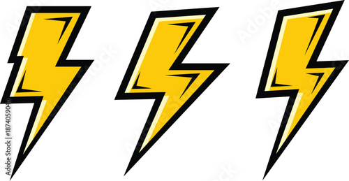 Three yellow lightning bolt symbols with black and white outlines electricity energy