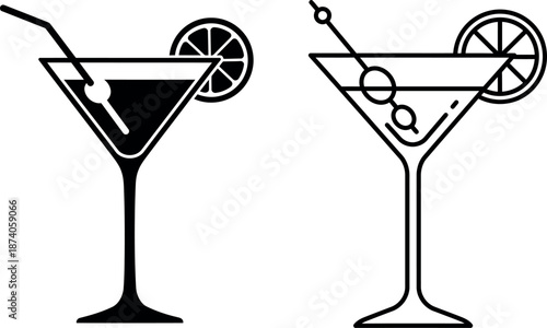 Martini cocktail icon set with silhouette