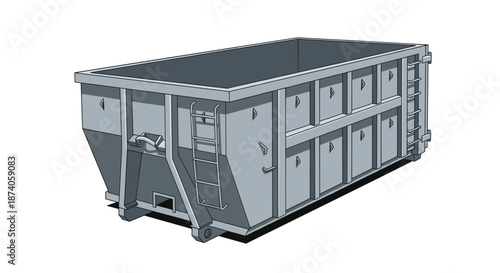 Perspective view of a large grey industrial metal roll-off dumpster bin for waste management and construction debris removal.