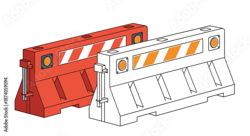 Industrial plastic road safety barriers in red and white colors with reflective stripes and warning lights for construction sites.