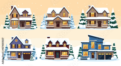 Charming collection of various suburban houses and homes covered in white snow with warm glowing windows and pine trees.