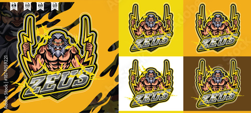 Powerful zeus mascot logo design for e-sports gaming emblem thunder god with lightning yellow modern concept style badges. Perfect for e-sports teams, gaming clans, branding, apparel, or merchandise.