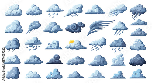 Extensive collection of various cloud types and weather conditions including rain clouds stormy clouds and sunny days on white.