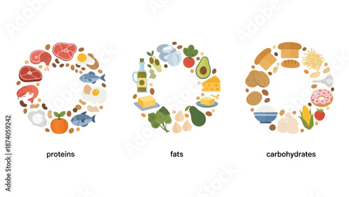 Healthy Food Groups Circle Icons: Proteins, Fats, Carbohydrates