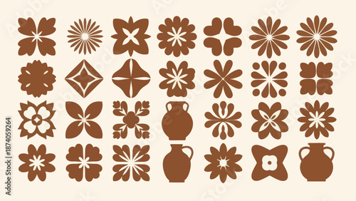 Abstract Floral Motifs and Vases in Earthy Tones