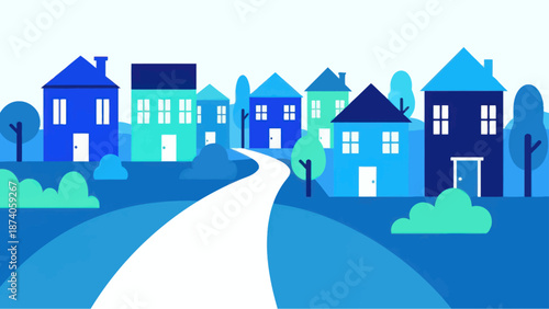 Modern Suburban Neighborhood with Colorful Houses and Winding Road