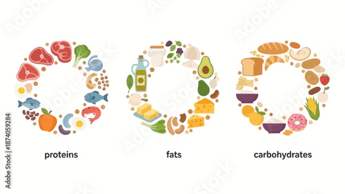 Healthy Food Groups: Proteins, Fats, Carbohydrates Circular Design