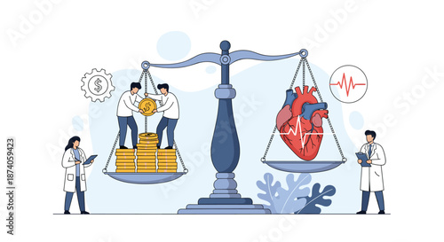 Conceptual illustration of doctors weighing stacks of gold coins against a human heart on a scale symbolizing healthcare costs.