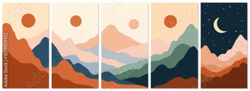 Abstract Mountain Landscape Set with Sun and Moon, Earthy Tones