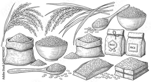 Detailed black and white line art illustrations of rice ears bags bowls and loose grains of rice representing agricultural harvest.