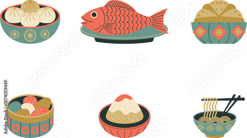 Chinese New Year traditional food icons set with steamed buns fish and noodles flat vector illustration