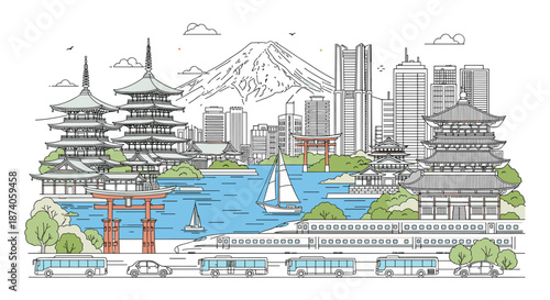 Beautiful panoramic illustration of the Japan skyline featuring mount fuji pagodas modern buildings and city transport.