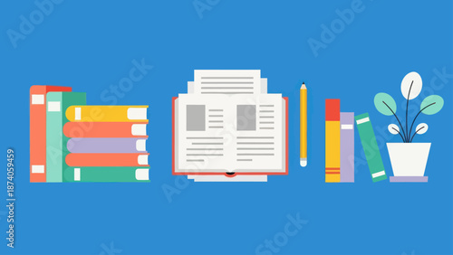 Education and Knowledge Concept: Books, Paper, Pencil and Plant