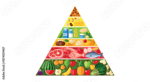 Educational healthy food pyramid showing different layers of nutrition from fruits and vegetables to proteins and fats.