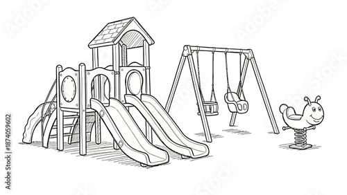 Detailed Black and White Playground Equipment Illustration for Childrens Fun.