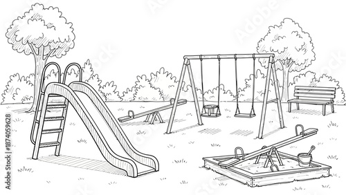 Detailed Black and White Playground Illustration with Slide Swings and Sandbox.
