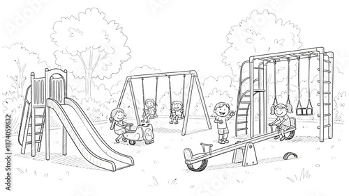 Black and White Playground Illustration Featuring Children Playing and Having Fun.