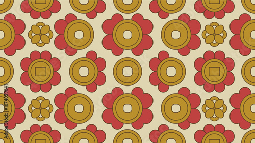 Seamless Chinese Traditional Pattern with Gold Coins and Red Floral Ornaments Vector Background