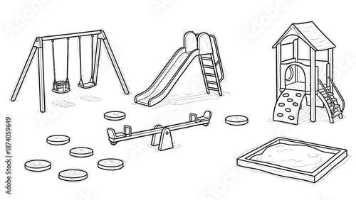 Outlined Playground Equipment Set: Swings Slide Sandbox and More.