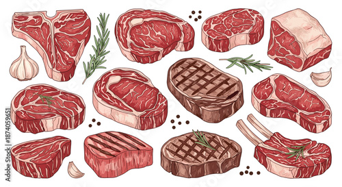 Comprehensive collection of various raw beef cuts like steaks ribs and roasts with herbs and spices on a white background.
