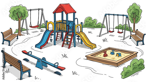 Colorful Illustrated Playground Equipment with Slides Swings and Sandbox.