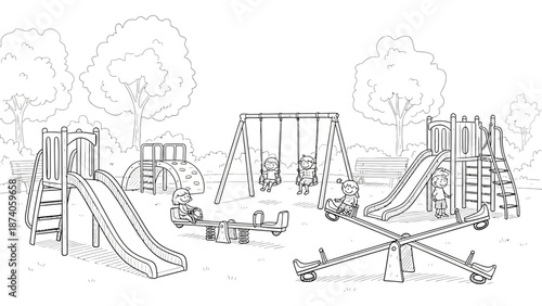 Children Playing on Playground Equipment: Swings Slides and Seesaws.
