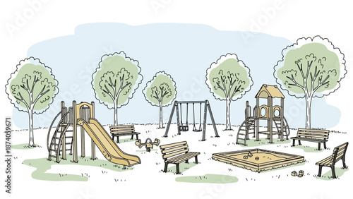 Hand-drawn Illustration of a Playground with Slides Swings and Sandbox.