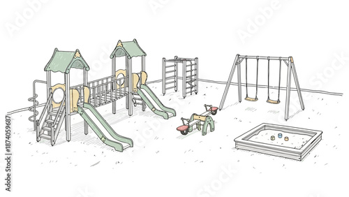 Hand-drawn Playground Equipment Illustration Featuring Slides Swings and Sandbox.