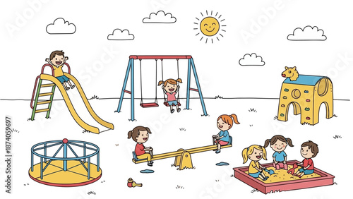 Cartoon Playground with Children Enjoying Slides Swings and Sandbox Fun.