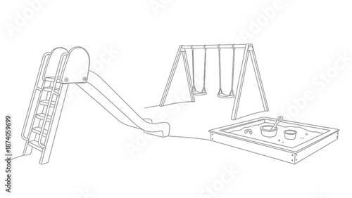 Outlined Playground Equipment: Slide Swings and Sandbox Illustration.