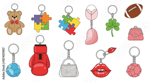 Selection of decorative keychains with various charms like a teddy bear and puzzle pieces and boxing glove for personalized gift ideas.