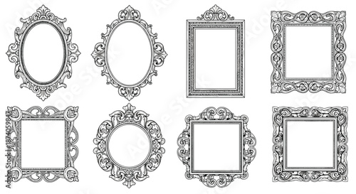Ornate vintage picture frames with intricate carvings in various shapes like oval and rectangle for classic home decor and art displays.