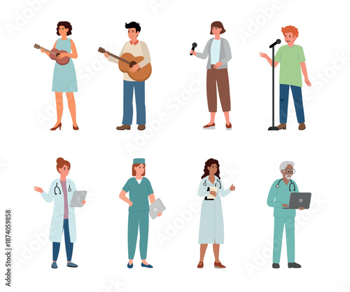 People in various professions musicians, doctors wearing different outfits and holding different objects related to their jobs.
